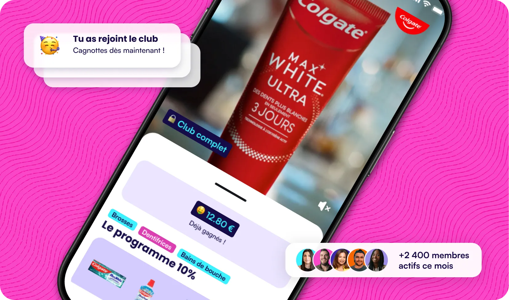 Club de marque Colgate avec notifications et membres actifs